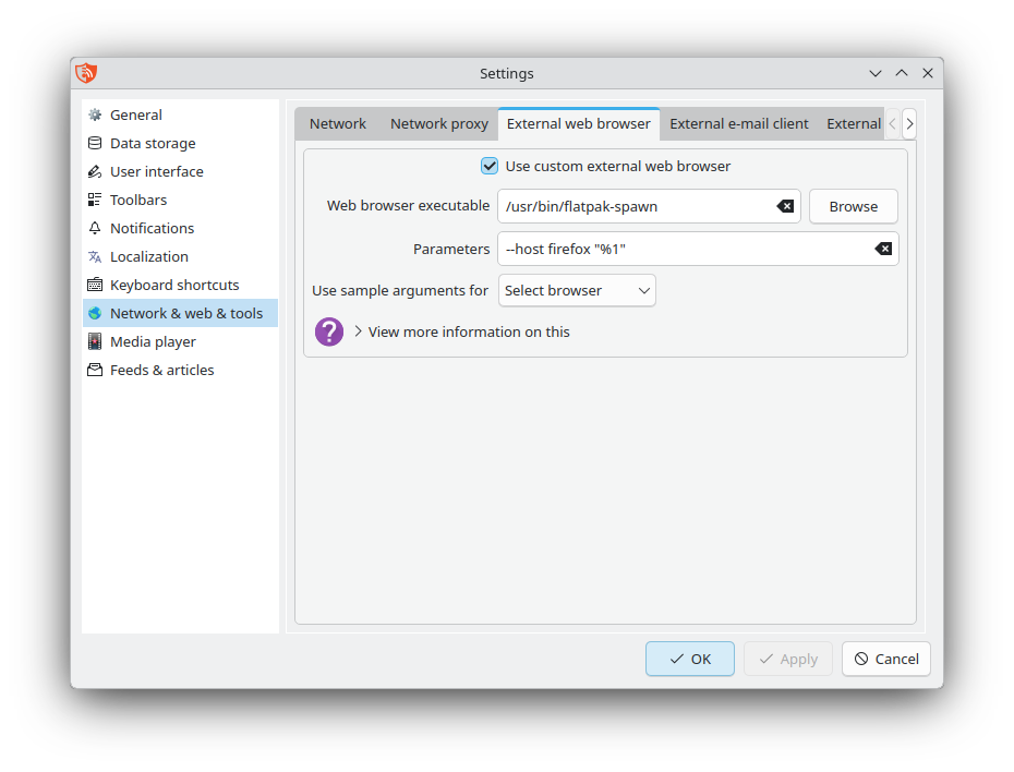 External web browser settings